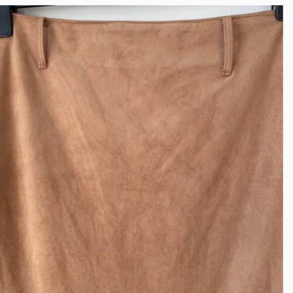 Asymmetric Faux Suede Fringed Hem Midi Skirt | Tan Brown 🤎 L - Picture 5 of 5